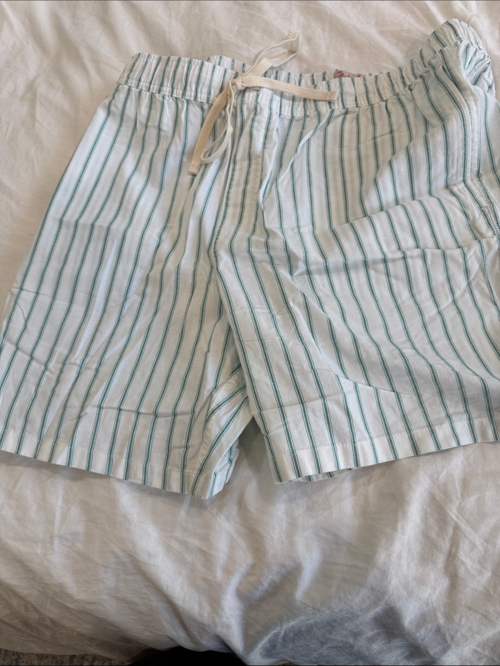 J. Crew White Drawstring Shorts with Green Pinstripes